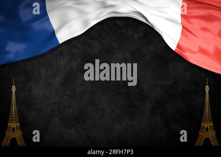 14 July Bastille day flyer, banner or poster. Holiday background with waving flag in man`s hand and map. Vector flat illustration. Stock Photo